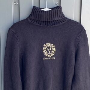 100% Cotton Anne Klein Spellout Turtleneck Ribbed Sweater Gold Black